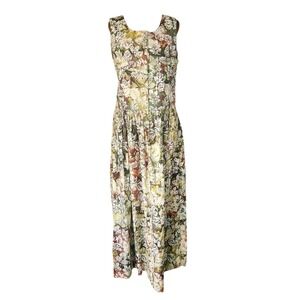 Vintage Handmade Dress Maxi Green Leaf Pattern Button Up Front Sleeveless M/L